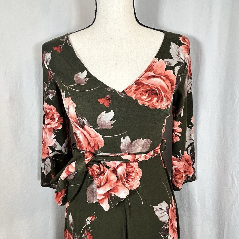 Mother Bee Maternity Green Pink Floral Maxi Dress Soft Stretchy Belted Size Med - Picture 5 of 13